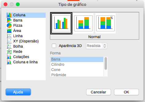 caixa de diálogo Tipo de gráfico mostrando gráficos bidimensionais