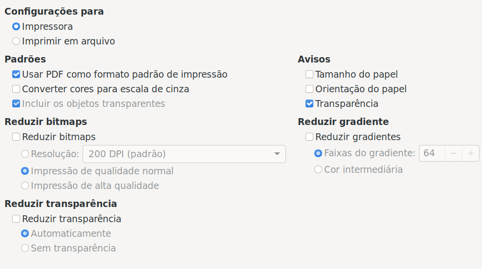 escolher opções gerais de impressão para aplicar a todos os componentes do LibreOffice