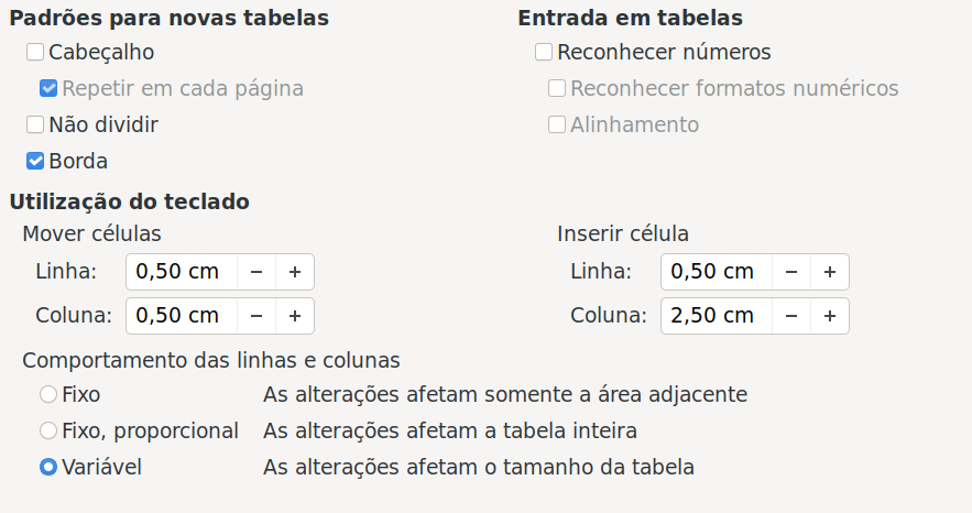 escolher opções de tabela padrão