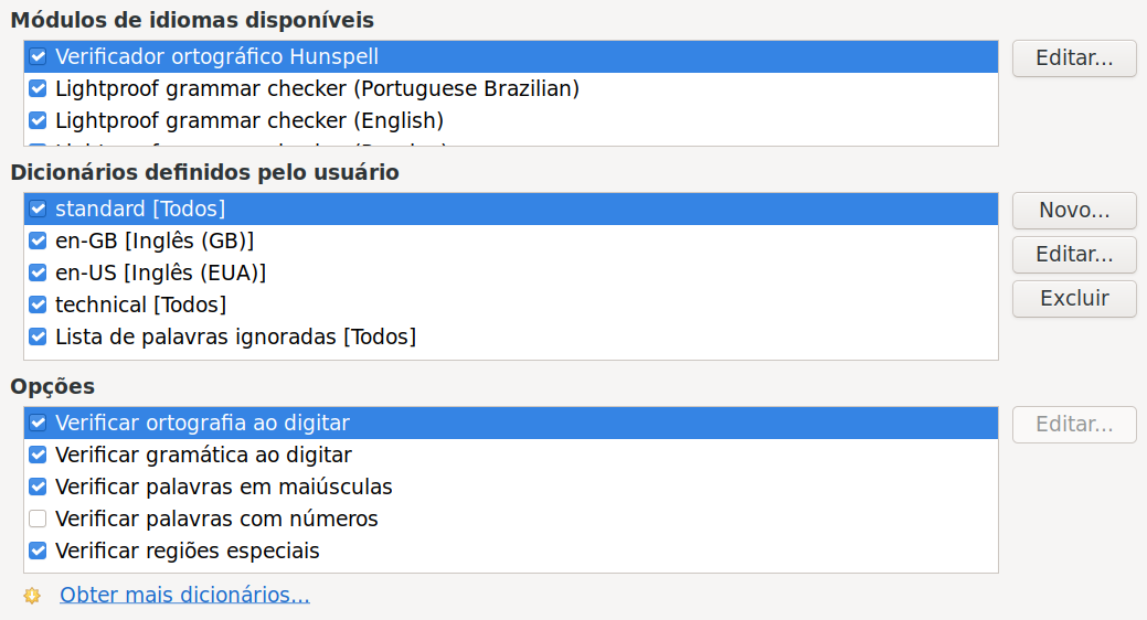 escolha de idiomas, dicionários e opções para verificação ortográfica