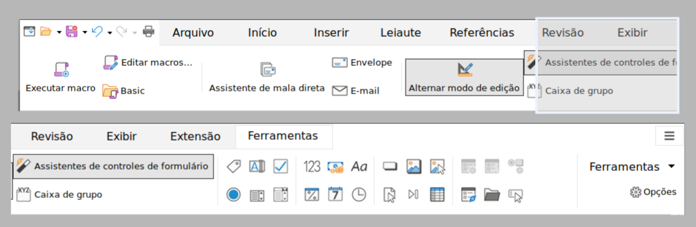 Interface de abas – Aba Ferramentas