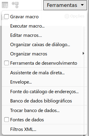 Menu da aba Ferramentas
