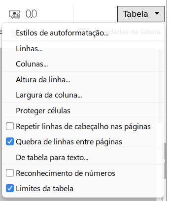 Menu da aba Tabela
